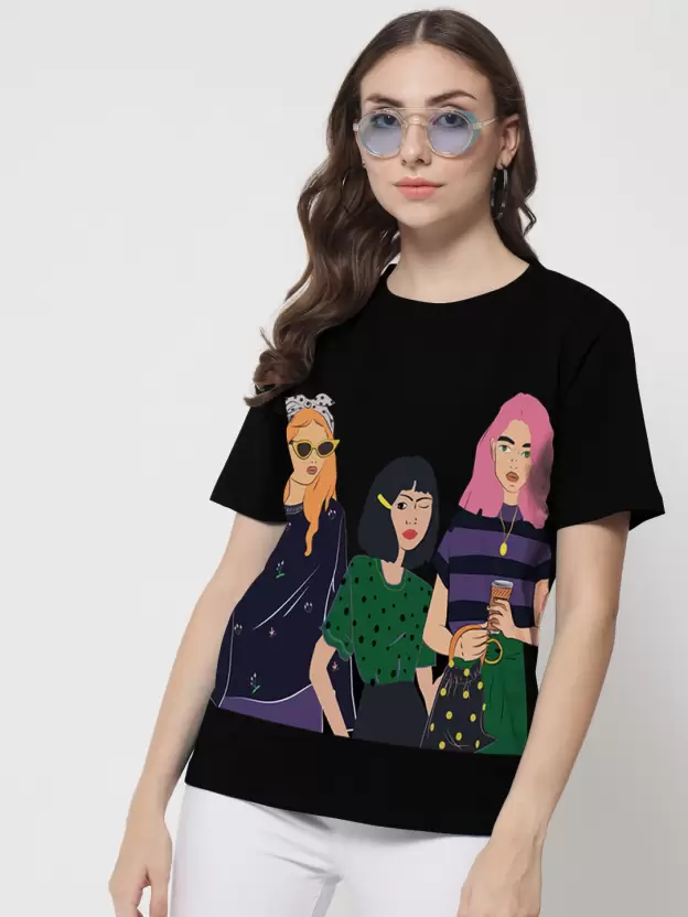 Over Size T Shirt Women Graphic Print Round Neck Light Blue T-Shirt - Image 3